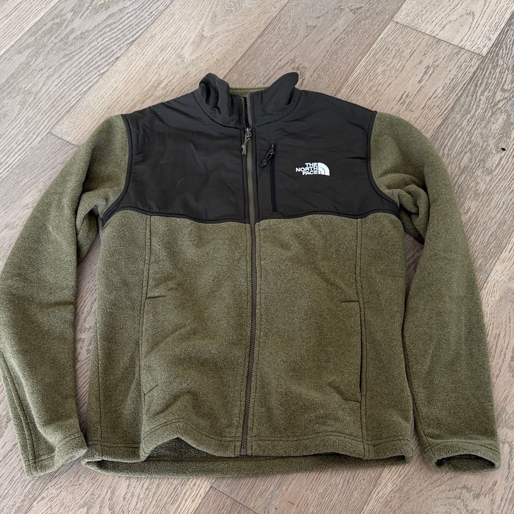The North Face Olive Green Fleece Jacket with Black Chest Panel